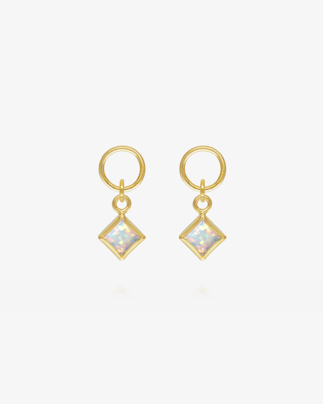 Pair of White Bello Opal square hoop earring charms in 14k gold fill, the June birthstone