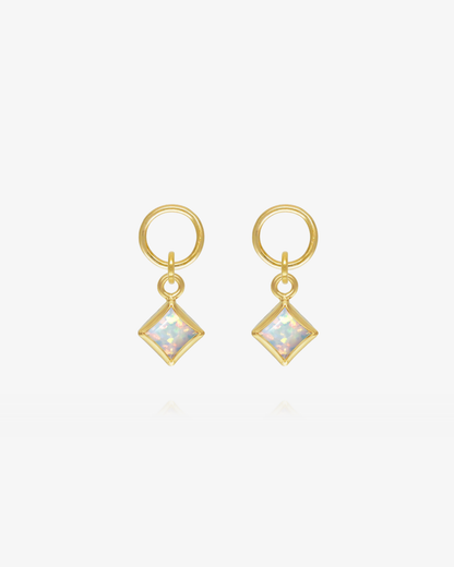 Pair of White Bello Opal square hoop earring charms in 14k gold fill, the June birthstone
