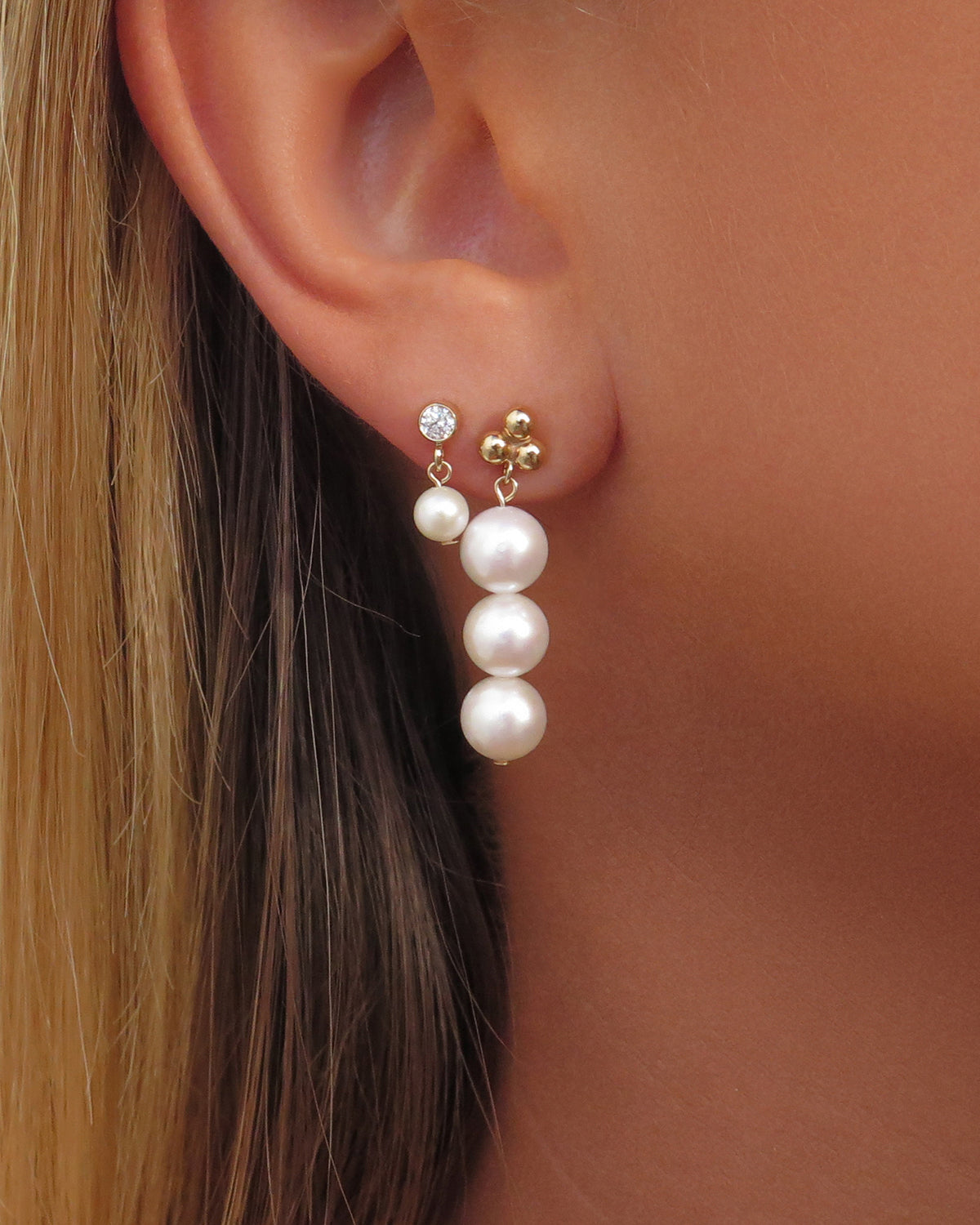 CZ Freshwater Pearl Stud Earrings - 14k Yellow Gold Fill
