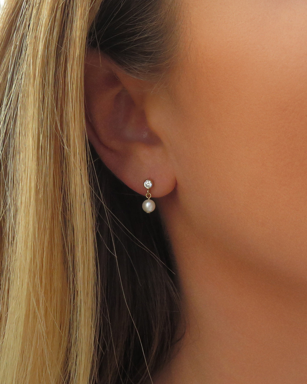 CZ Freshwater Pearl Stud Earrings - 14k Yellow Gold Fill