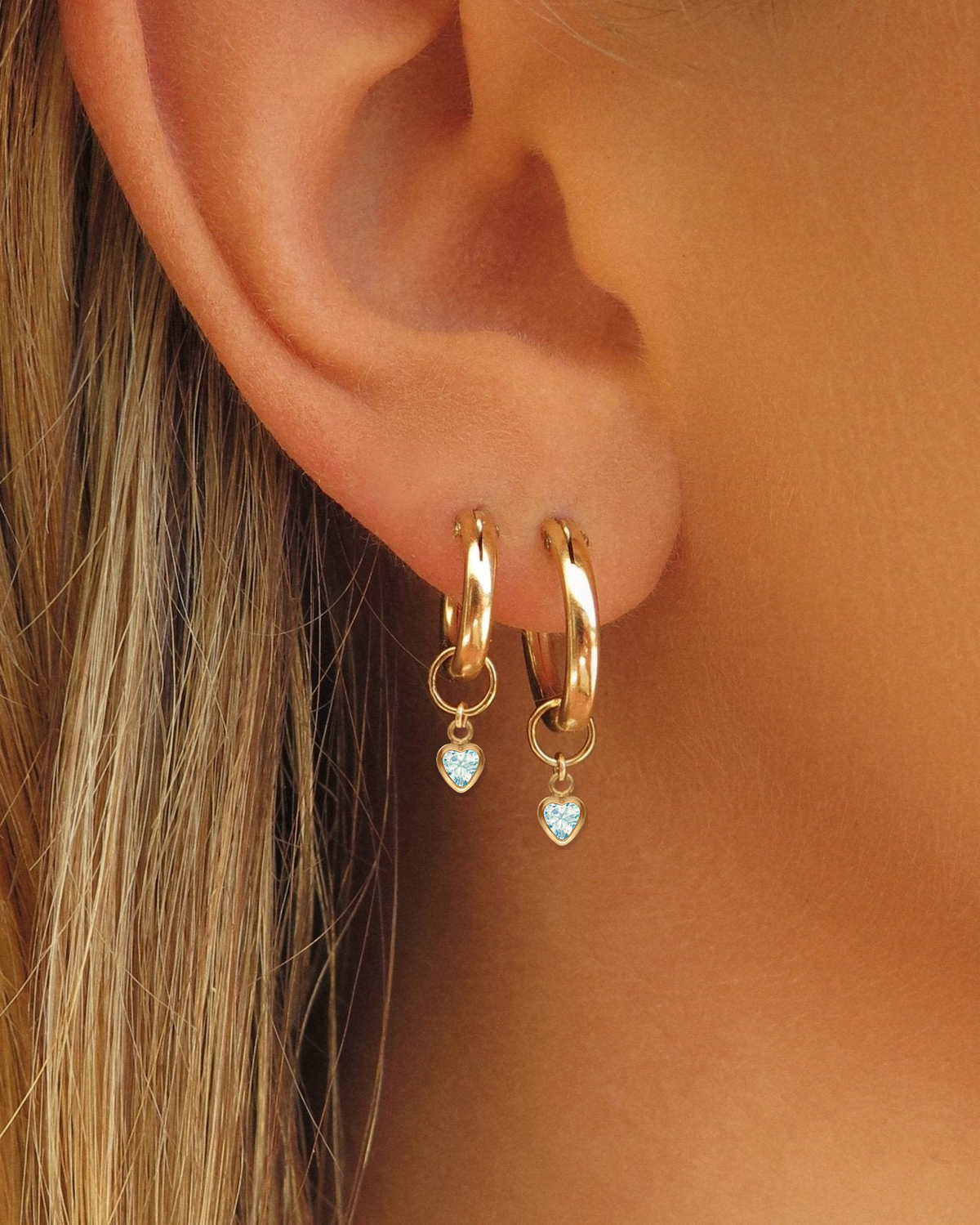 Heart Aquamarine CZ Hoop Earring Charms worn on Thick Hoop Earrings