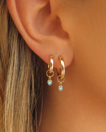 Heart Blue Topaz CZ Hoop Earring Charms worn on Thick Hoop Earrings