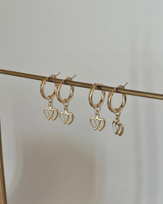 Double Heart Thick Hoop Earrings - 14k Yellow Gold Fill
