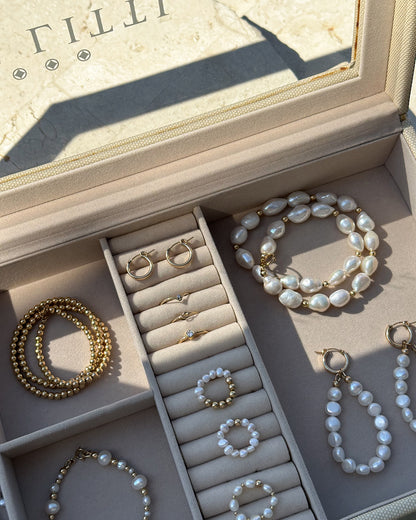 Deluxe Jewellery Box holding freshwater pearl bracelets, rings and gold hoops | The Littl