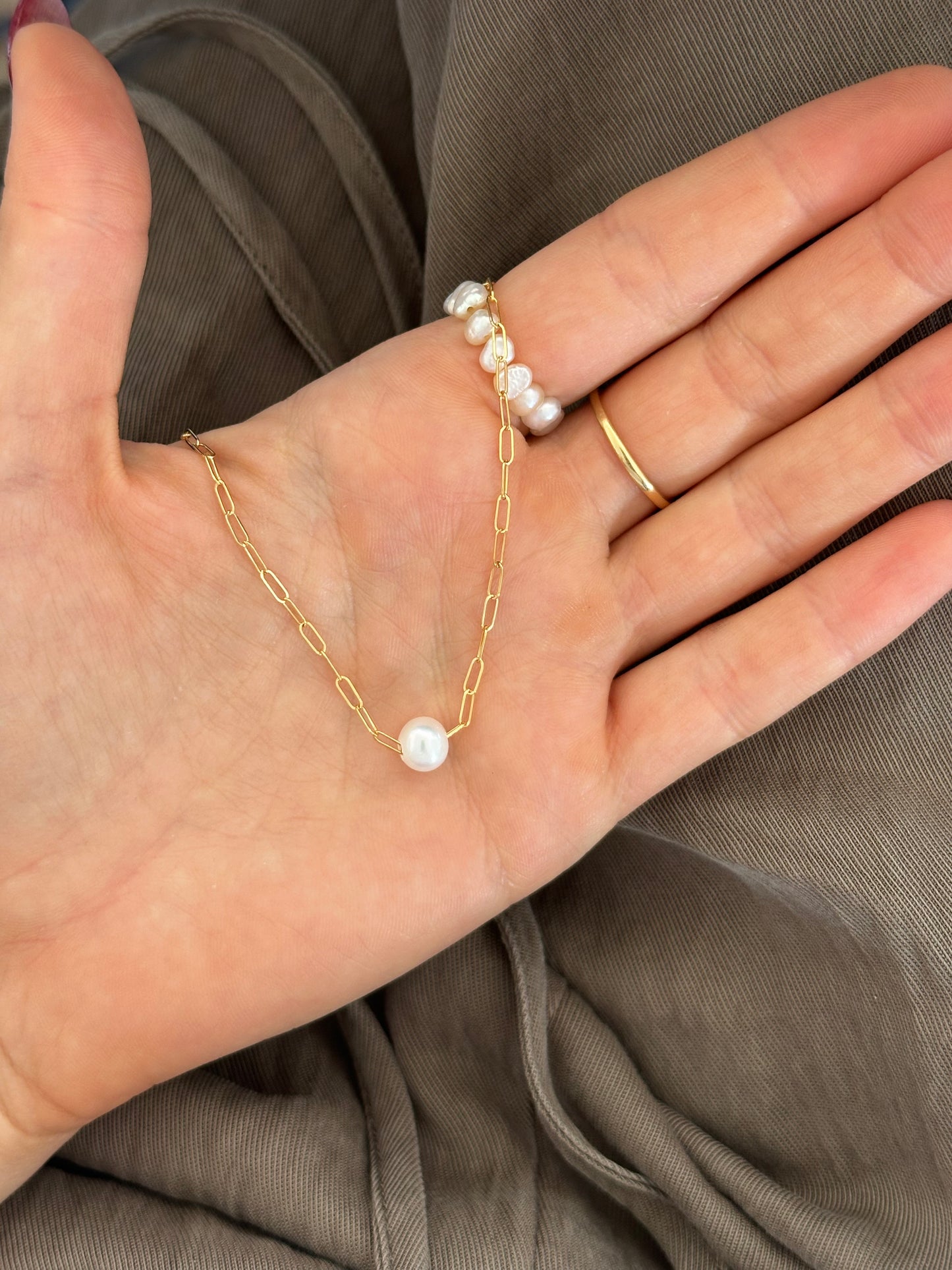Freshwater Pearl Paperclip Necklace lifestyle - 14k Gold Fill - tarnish-resistant