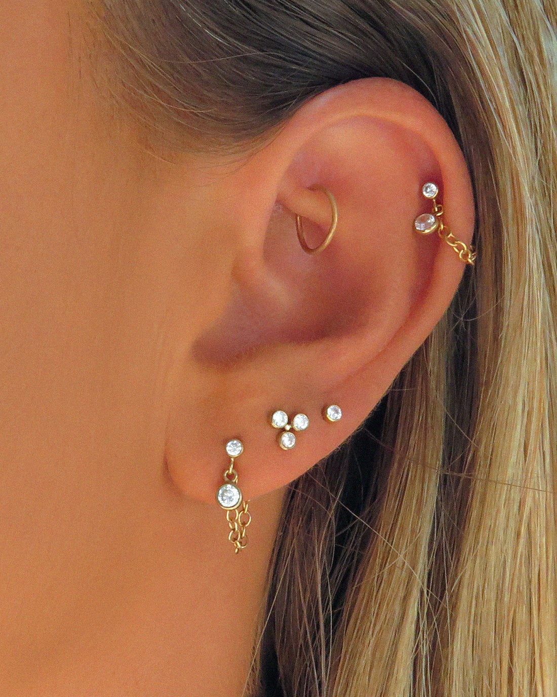 Double Mini CZ Chain Stud Earrings - 14k Yellow Gold Fill