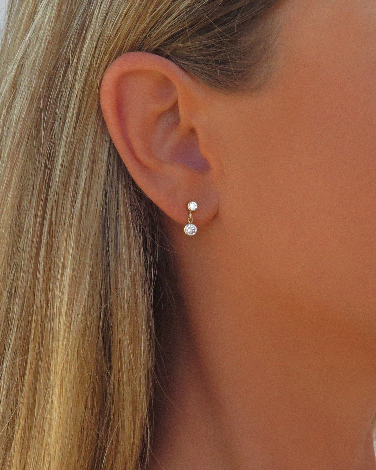Double Mini CZ Drop Stud Earrings - 14k Yellow Gold Fill