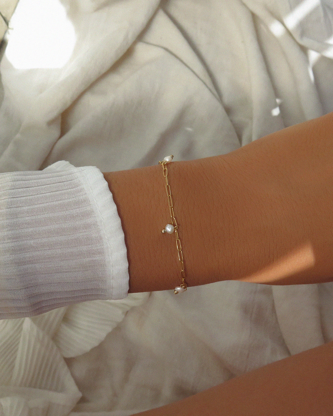 Triple Freshwater Pearl Thin Drawn Cable Chain Bracelet