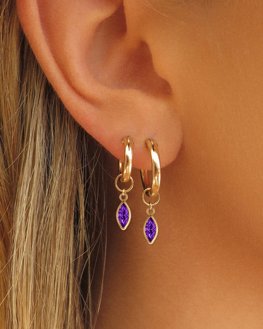 Marquise Amethyst CZ Hoop Earring Charms worn on Thick Hoop Earrings