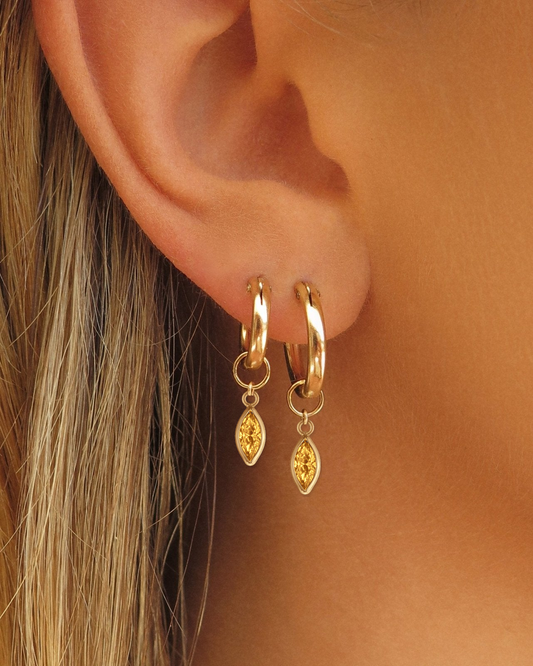 Marquise Citrine CZ Hoop Earring Charms worn on Thick Hoop Earrings