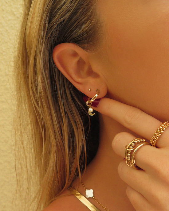 Freshwater Pearl Moon Crescent Thick Hoop Earrings - 14k Yellow Gold Fill