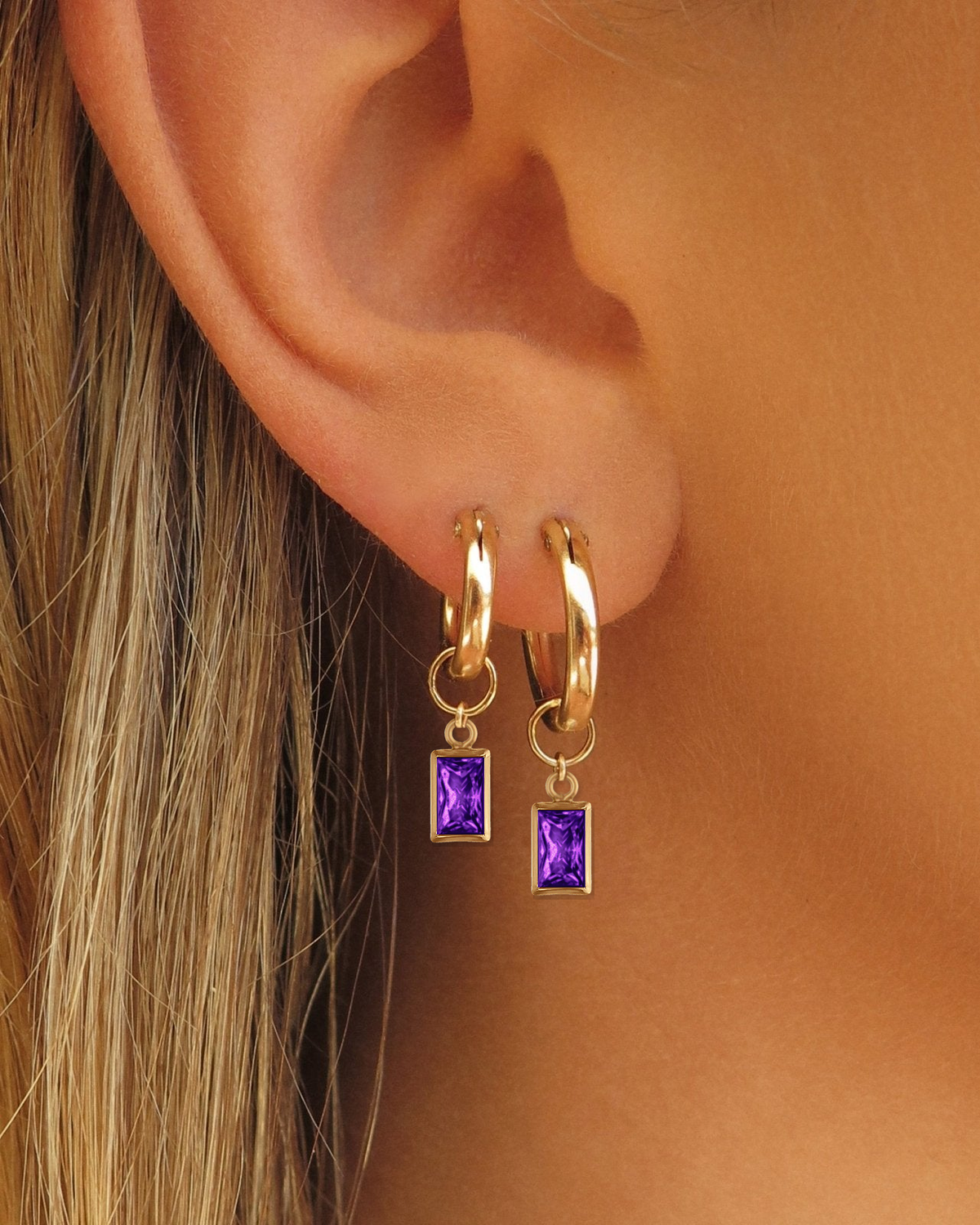 Rectangle Amethyst CZ Hoop Earring Charms worn on Thick Hoop Earrings