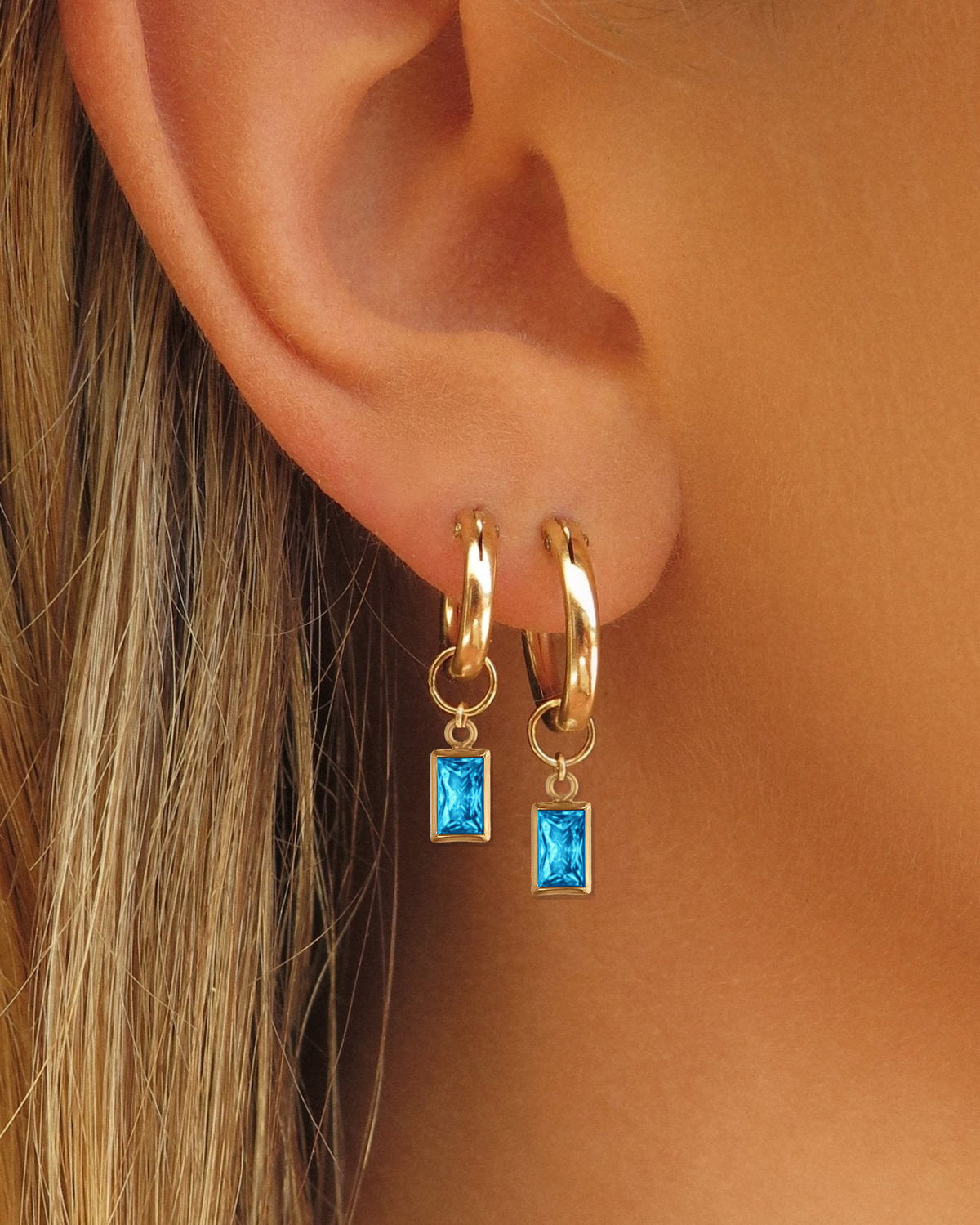 Rectangle Blue Topaz CZ Hoop Earring Charms worn on Thick Hoop Earrings