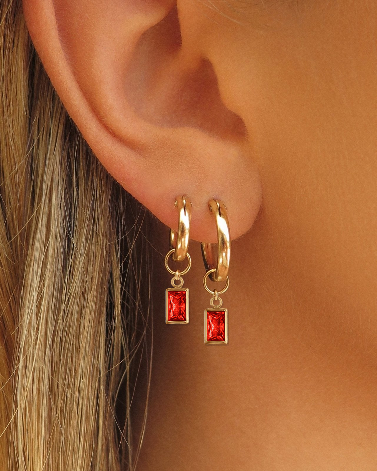 Rectangle Ruby CZ Hoop Earring Charms worn on Thick Hoop Earrings