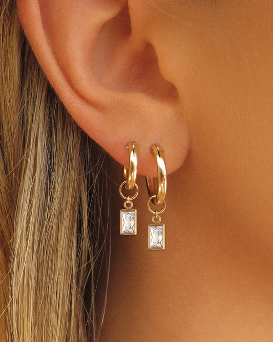 Rectangle White CZ Hoop Earring Charms worn on Thick Hoop Earrings