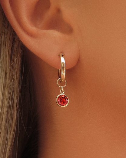 Ruby CZ Thick Hoop Earrings Close-Up - 14k Gold-Filled | The Littl