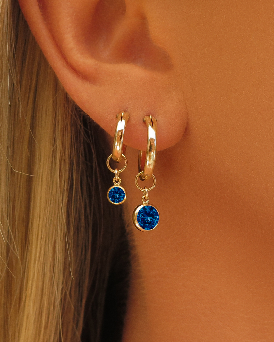 Sapphire CZ Thick Hoop Earrings  - 14k Yellow Gold Fill