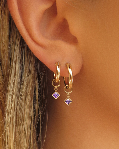 Square Amethyst CZ Hoop Earring Charms worn on Thick Hoop Earrings