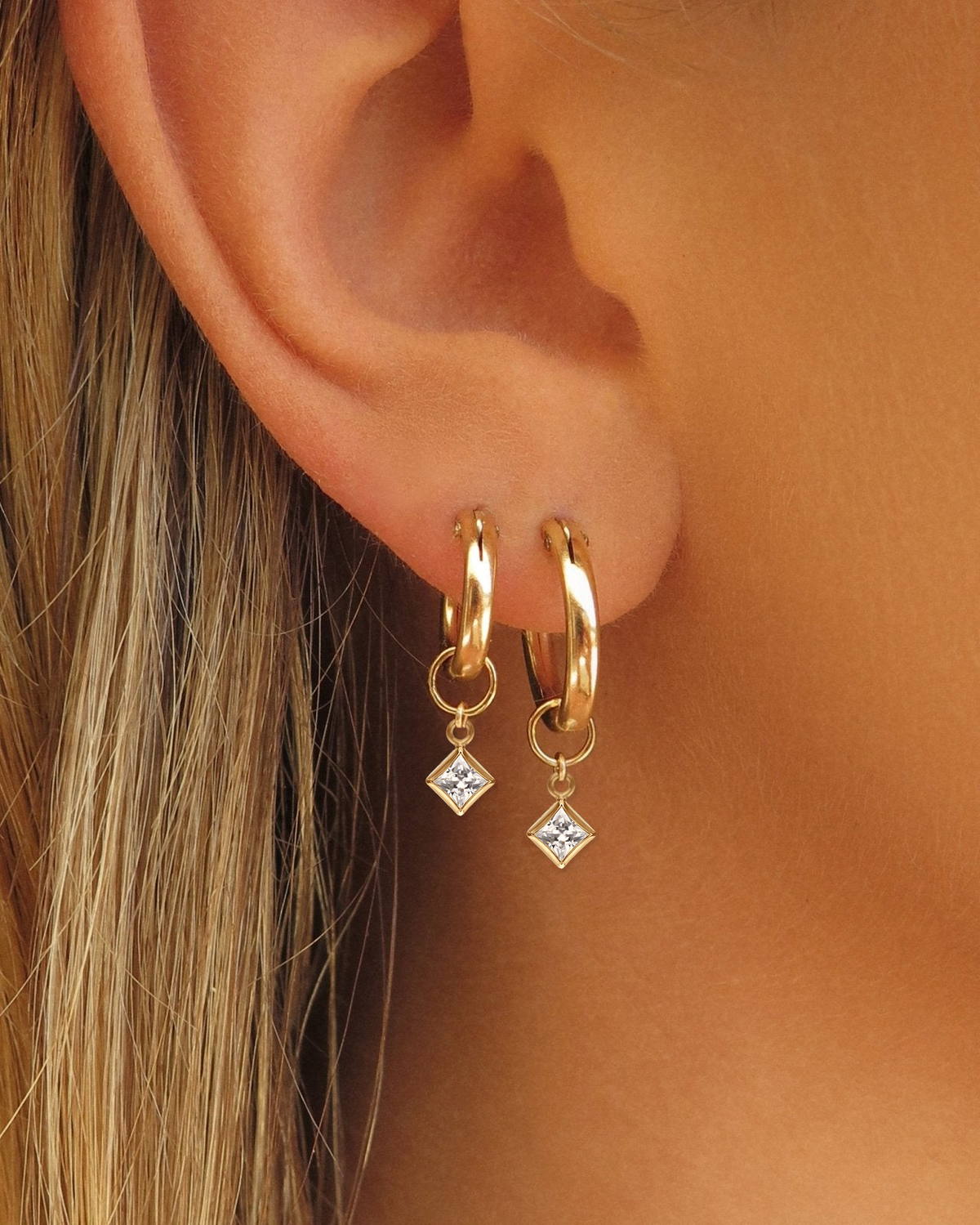 Square White CZ Hoop Earring Charms worn on Thick Hoop Earrings