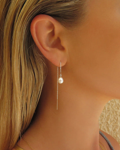 Teardrop Freshwater Pearl Threader Earrings Close-Up - Sterling Silver | The Littl