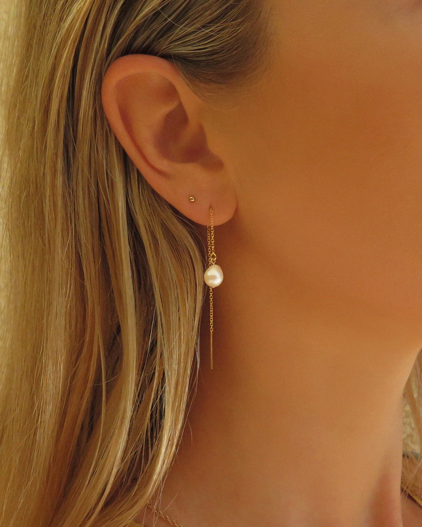 Teardrop Freshwater Pearl Threader Earrings - Sterling Silver