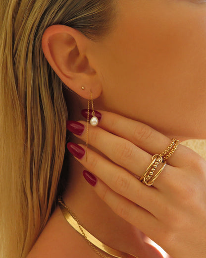 Teardrop Freshwater Pearl Threader Earrings - Sterling Silver - Styled | The Littl