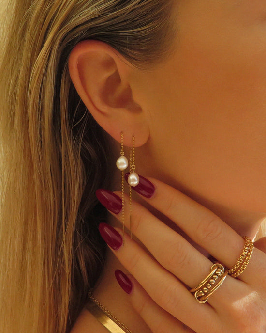 Teardrop Freshwater Pearl Threader Earrings - 14k Yellow Gold Fill