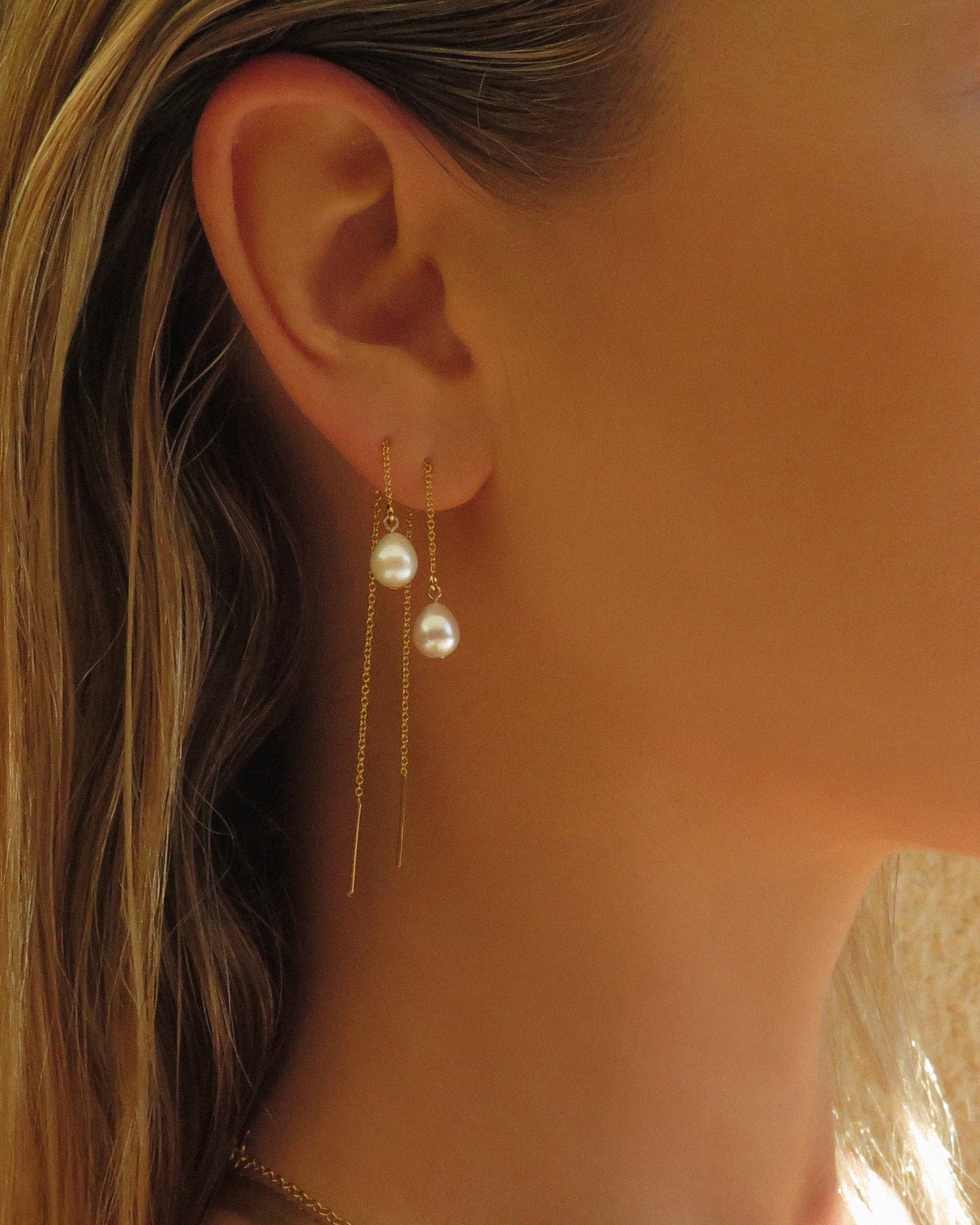 Teardrop Freshwater Pearl Threader Earrings - Sterling Silver