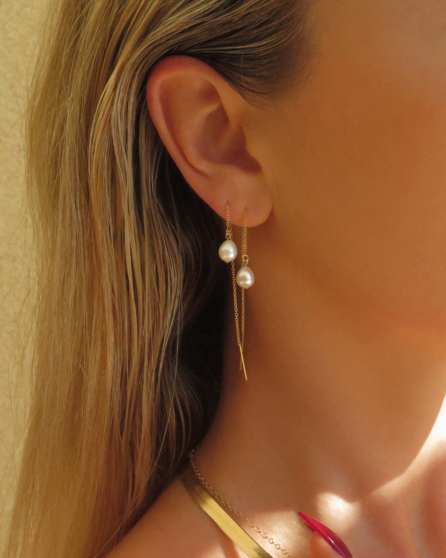 Teardrop Freshwater Pearl Threader Earrings - 14k Yellow Gold Fill
