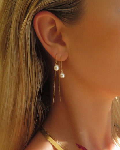 Teardrop Freshwater Pearl Threader Earrings - Sterling Silver - Styled | The Littl