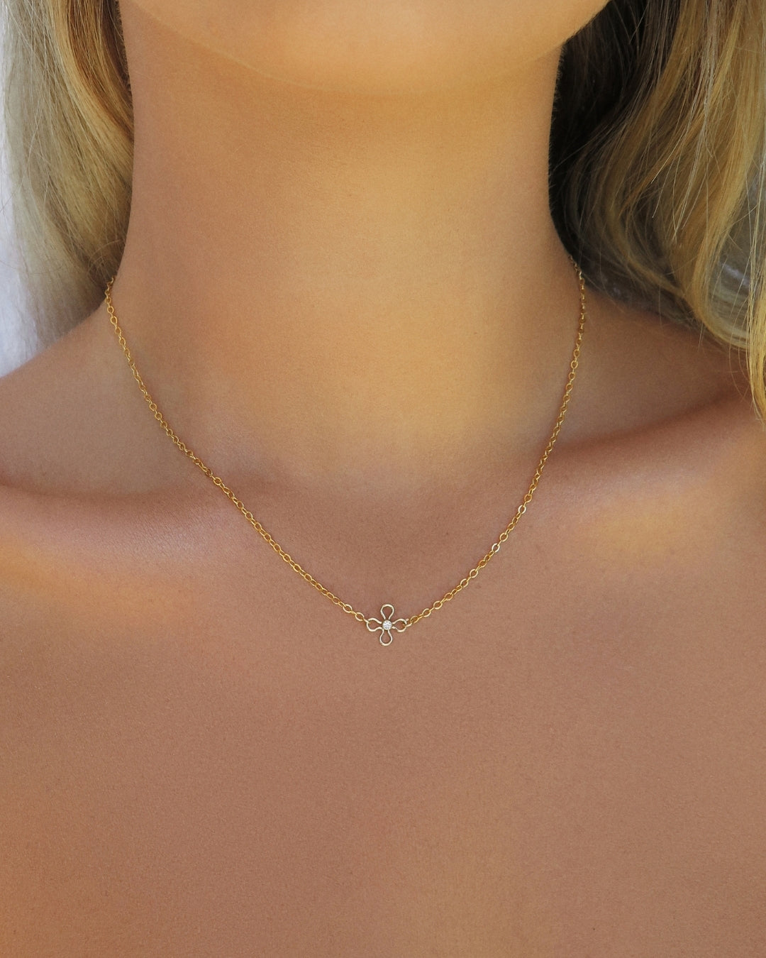 White CZ Flower Necklace  - 14k Yellow Gold Fill