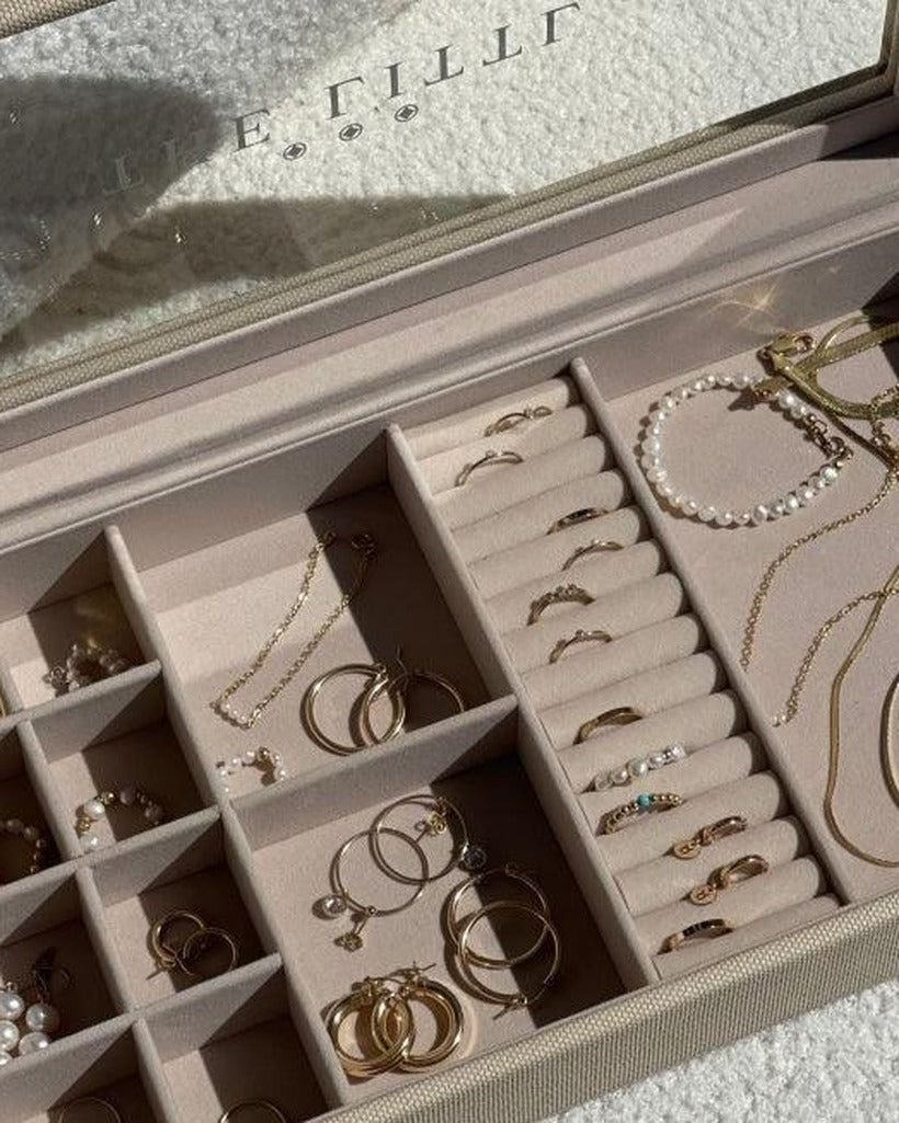 Deluxe Jewellery Box open, filled with gold hoops, rings and pearl necklaces | The Littl