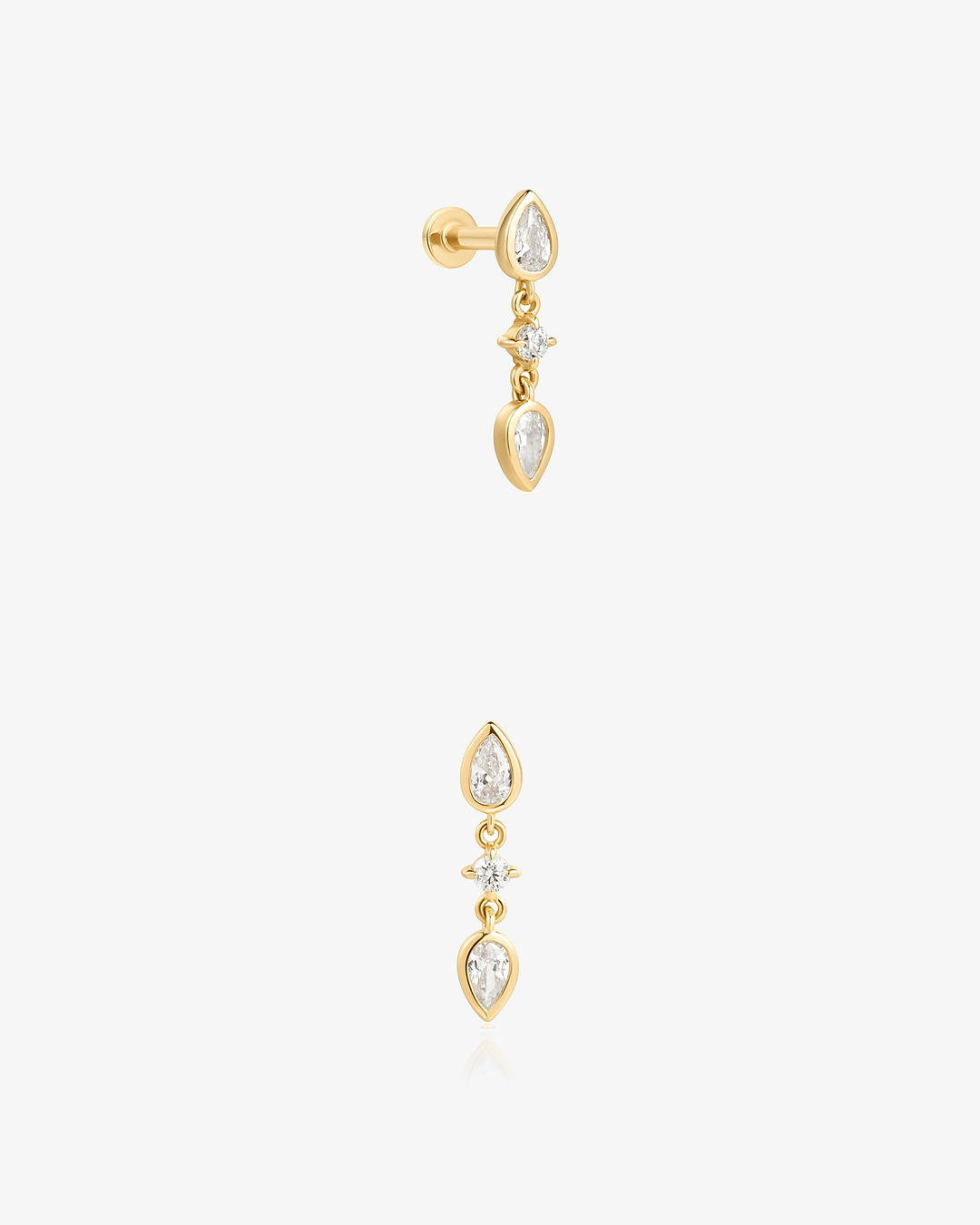 Lab-Grown Diamond Double Pear Drop Flatback Piercing in 14k solid gold, side and front view