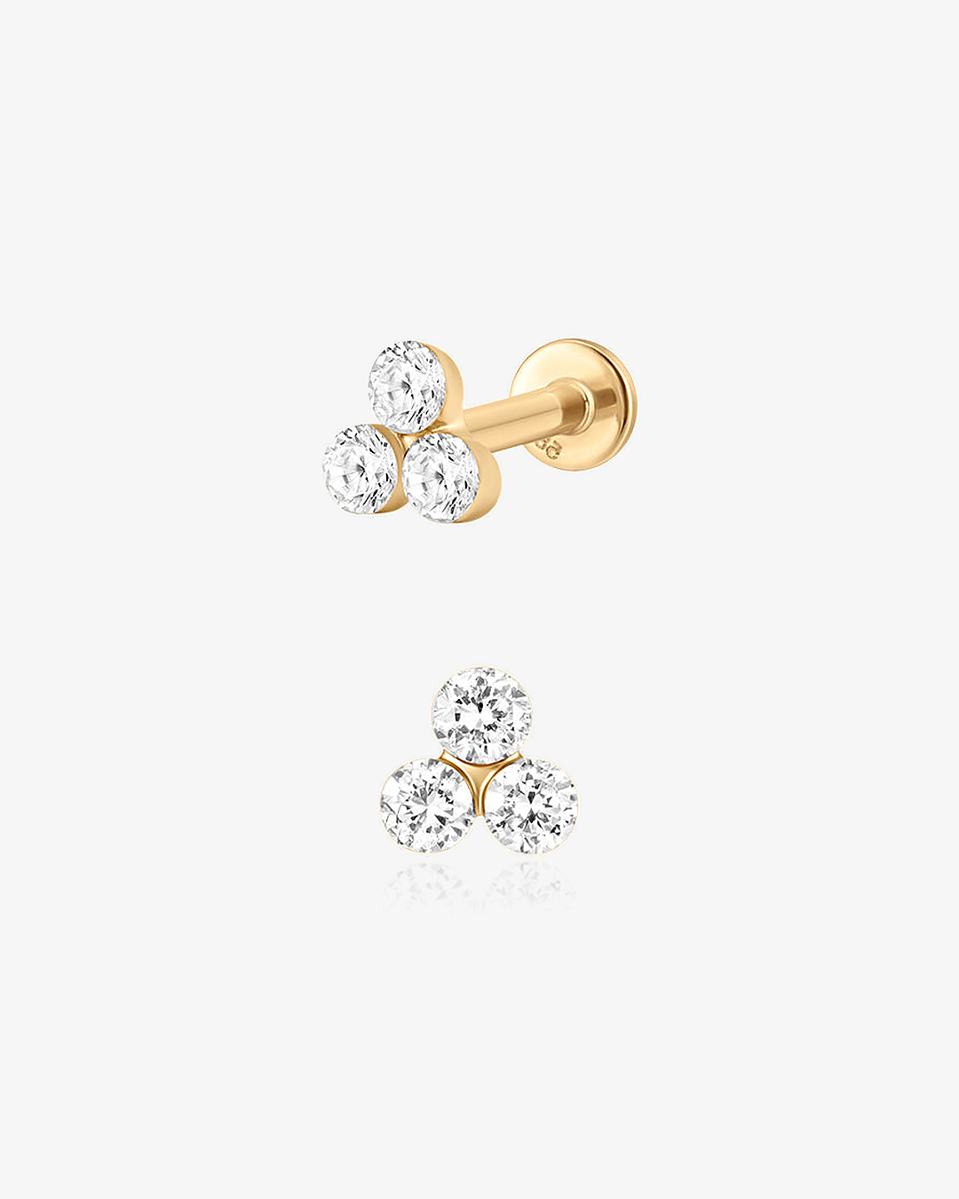 Lab-Grown Diamond Triangle Cluster Flatback Piercing in 14k solid gold, side and front view