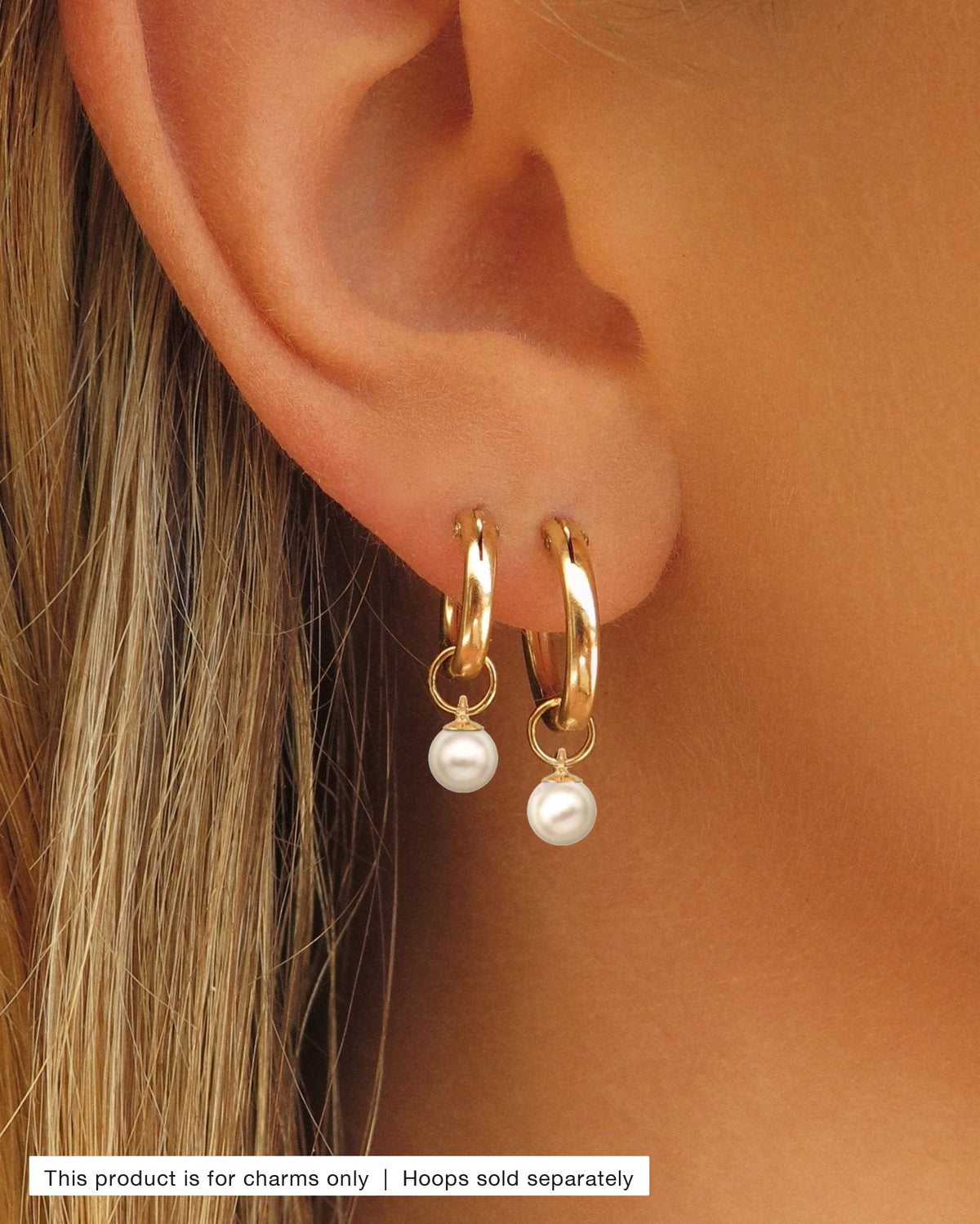 Large Pearl Hoop Earring Charms worn on 14k gold-filled Thick Hoop Earrings - ear close-up | The Littl