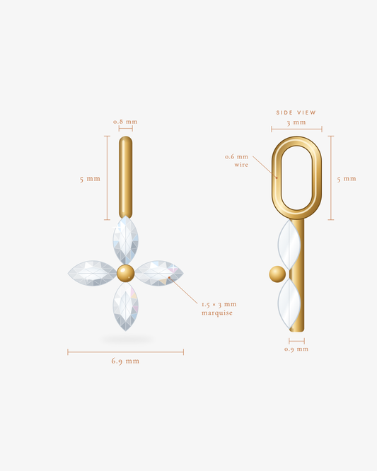 Size guide for the marquise clover charm: 6.9mm across, 1.5 x 3mm marquise lab-grown diamonds, 3 x 5mm loop