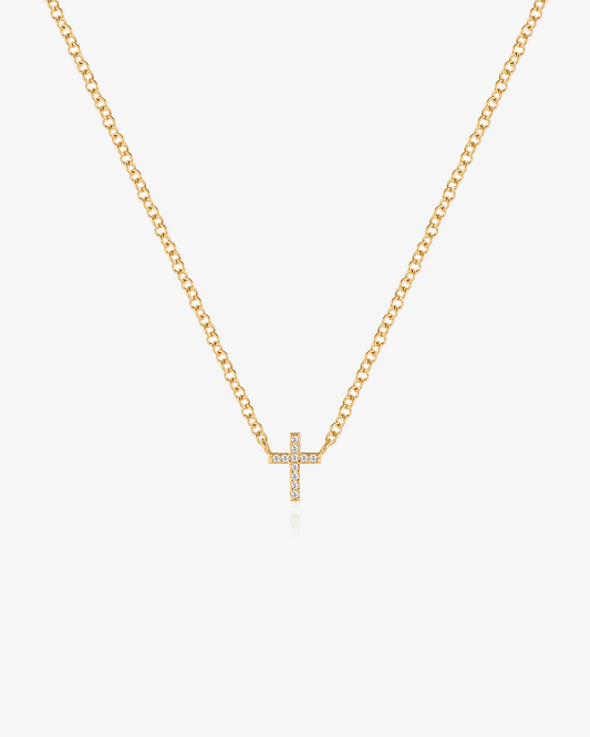 Slim pavé cross set into a 14k solid gold chain, with 11 tiny lab-grown diamonds