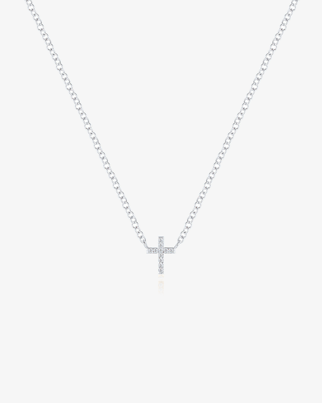 Slim pavé cross set into a 14k solid white gold chain, with 11 tiny lab-grown diamonds