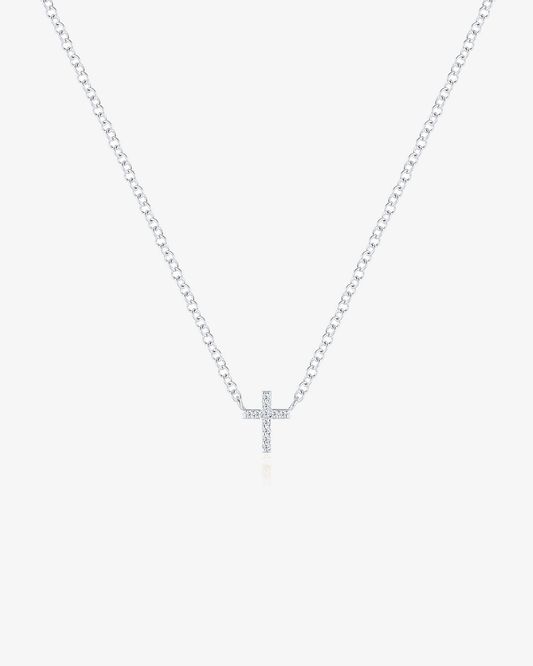 Slim pavé cross set into a 14k solid white gold chain, with 11 tiny lab-grown diamonds
