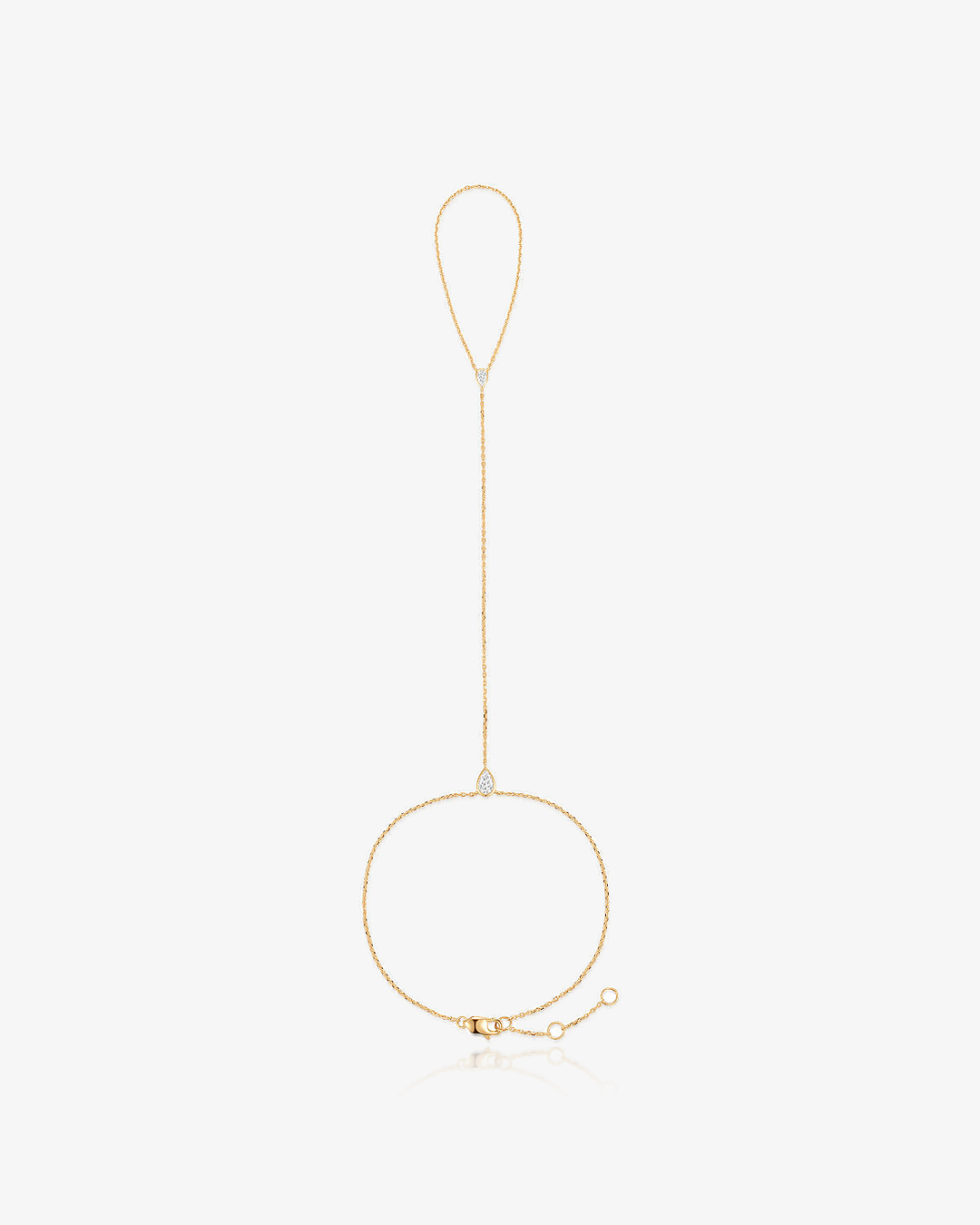 Pear lab-grown diamond hand chain in 14k solid gold, linking the wrist to the finger