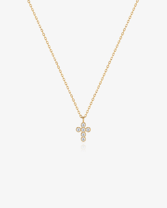 Petite cross necklace in 14k solid gold, set with round lab-grown diamonds