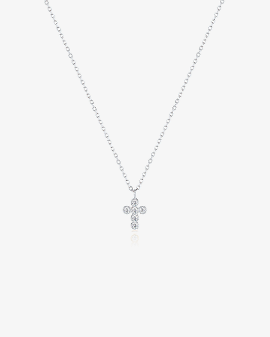 Petite cross necklace in 14k solid white gold, set with round lab-grown diamonds
