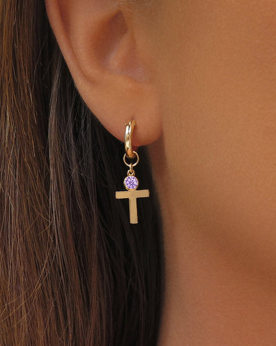 Birthstone Cross Thick Hoop Earrings  - 14k Yellow Gold Fill