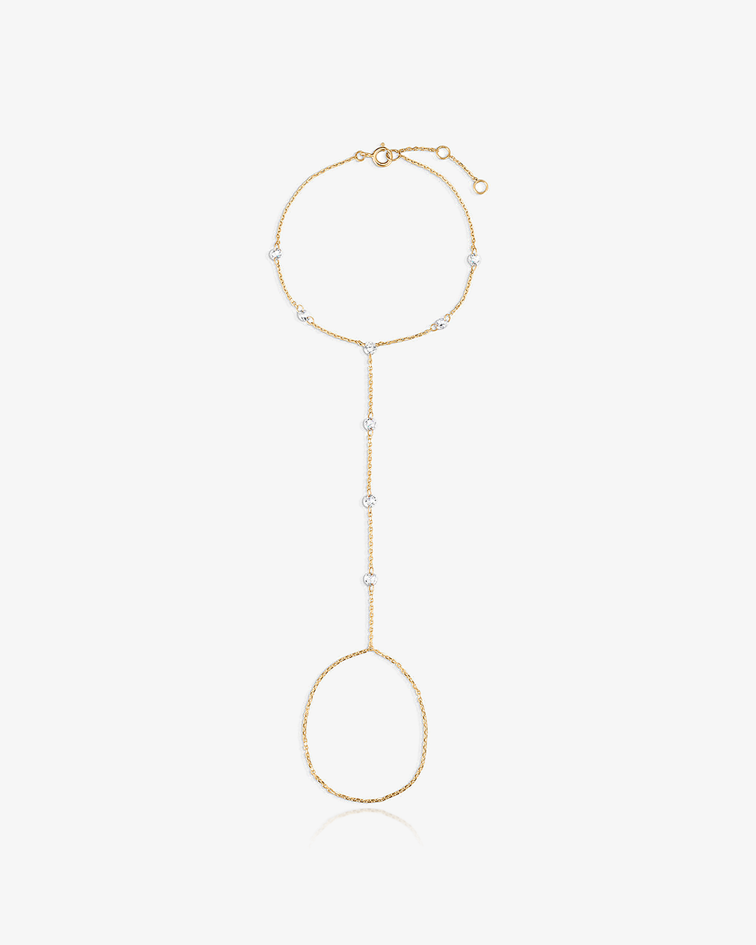 Rose-cut lab-grown diamond hand chain in 14k solid gold, diamonds along the bracelet and finger chain