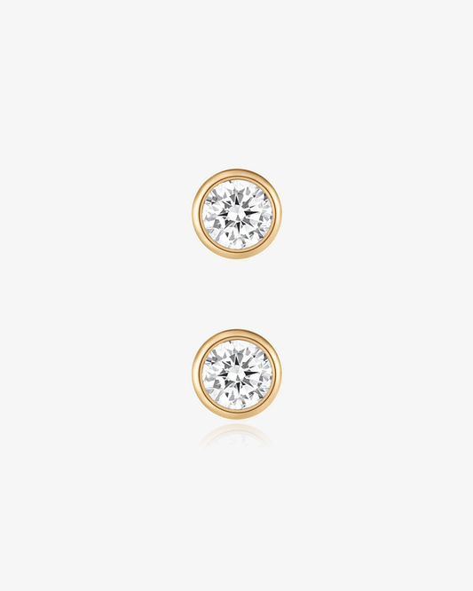 Round Lab-Grown Diamond Bezel Flatback Piercing in 14k solid gold, side and front view