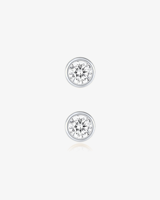 Round Lab-Grown Diamond Bezel Flatback Piercing in 14k solid white gold, side and front view