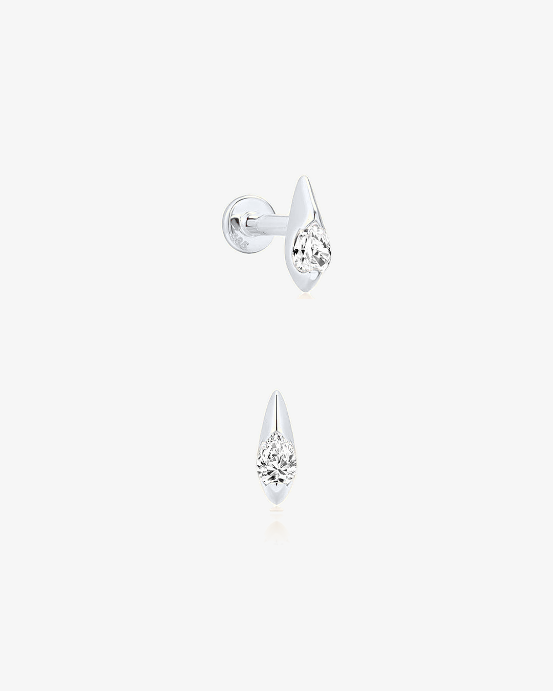 Teardrop Lab-Grown Diamond Flatback Piercing in 14k solid white gold, side and front view