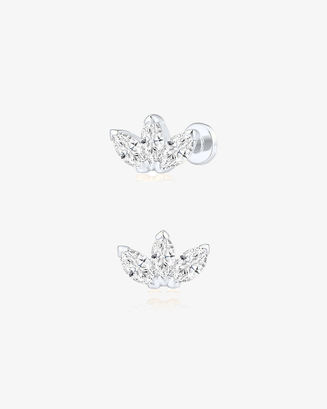 Tiny Marquise Lab-Grown Diamond Flower Flatback Piercing in 14k solid white gold, side and front view