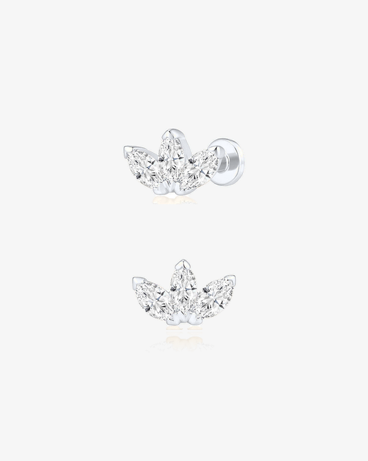 Tiny Marquise Lab-Grown Diamond Flower Flatback Piercing in 14k solid white gold, side and front view