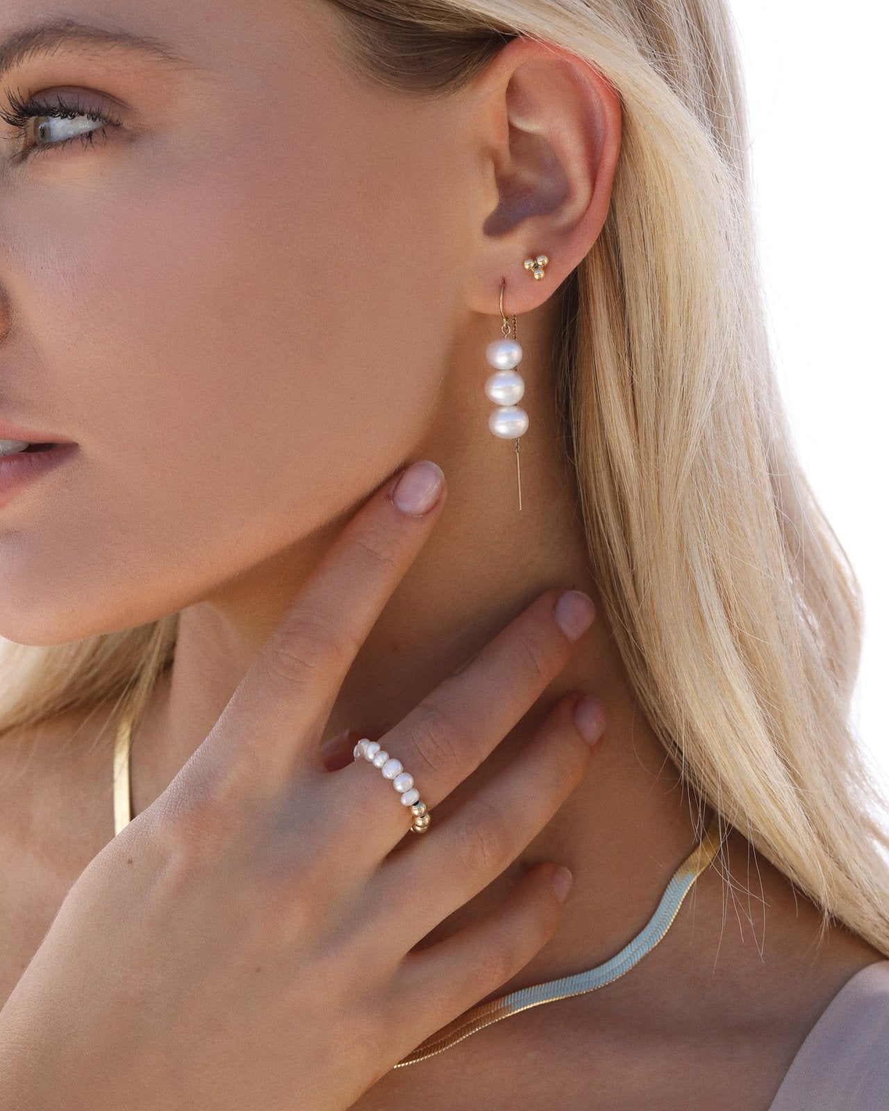 TRIPLE FRESHWATER PEARL STACK U-THREADER EARRINGS - The Littl - 14k Yellow Gold Fill -